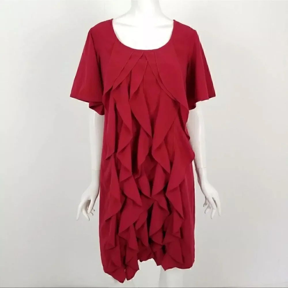 Eshakti Womens Size 8 Medium Red Short Sleeve Ruffle Front Shift Dress